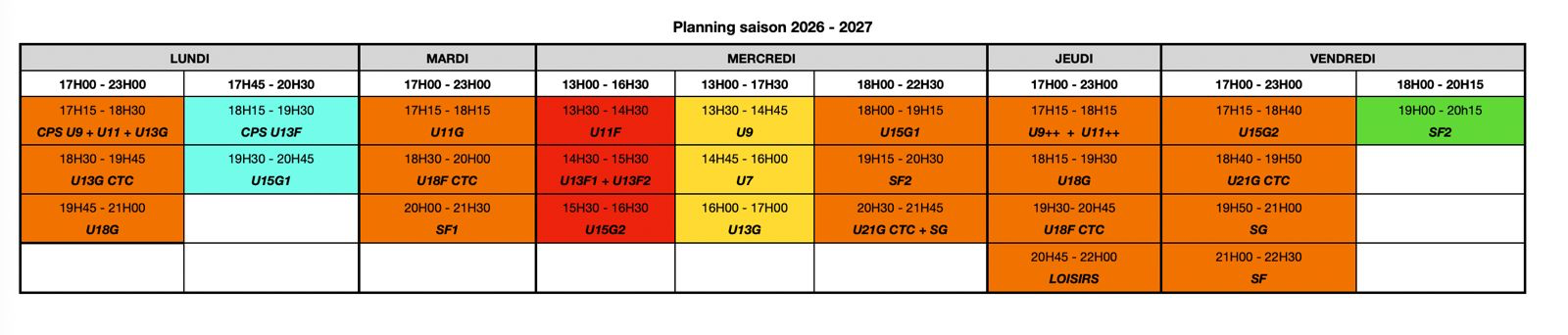 Planning des entraînements 2026-2027